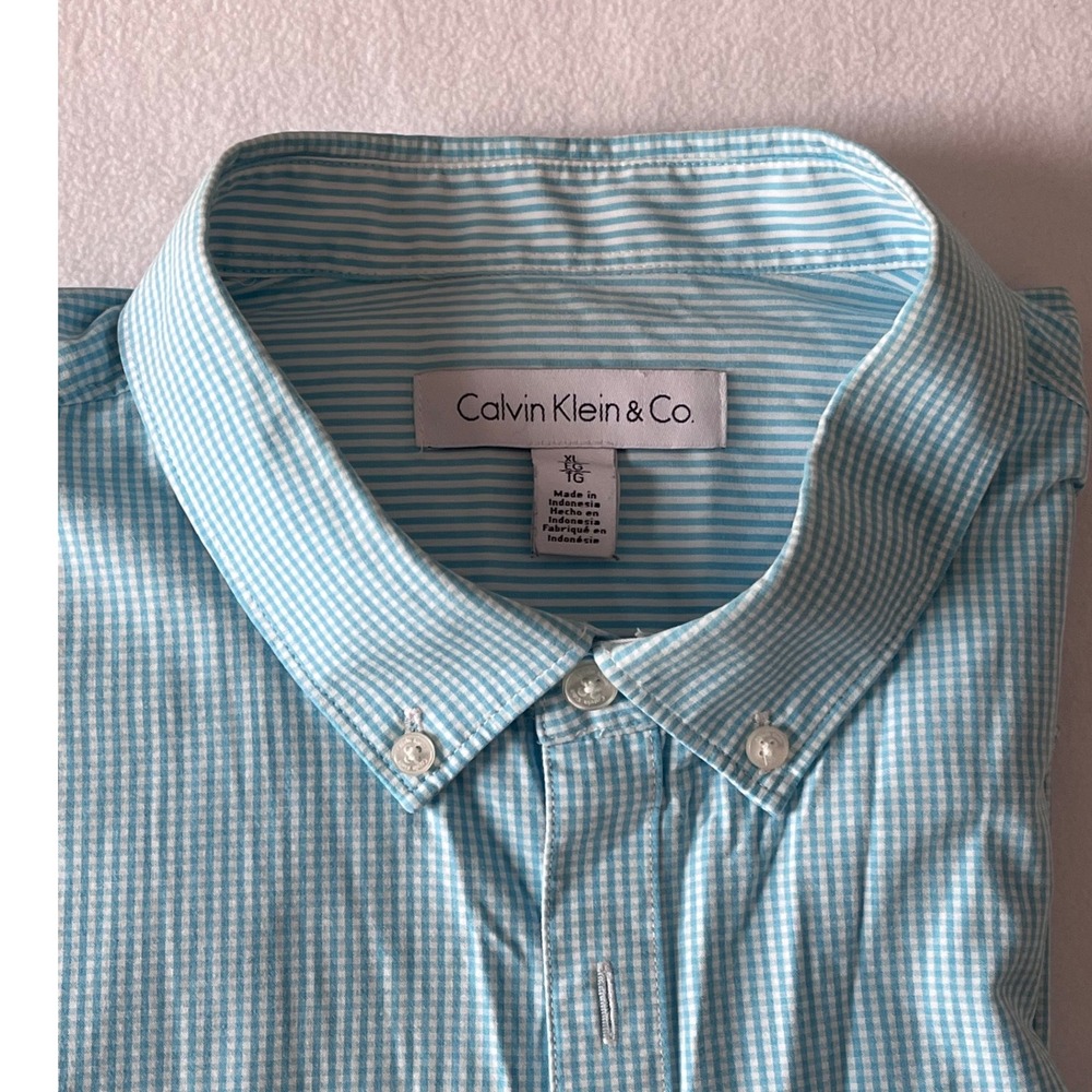Calvin Klein Mens XL Lt Blue aqua check Button Down Shirt Long Sleeve Cotton - Picture 2 of 13